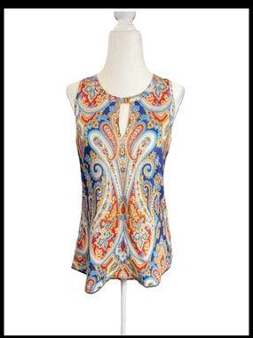 Sleeveless Paisley Keyhole Shell Top — Blue & Multicolor